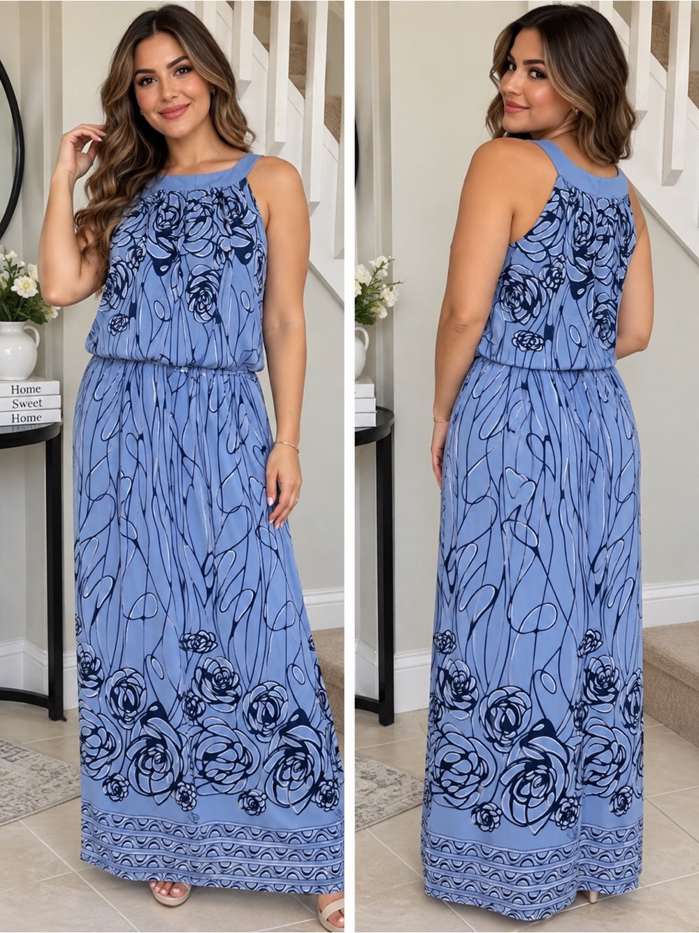 Robbie Bee Periwinkle Blue Floral Halter Maxi Dress